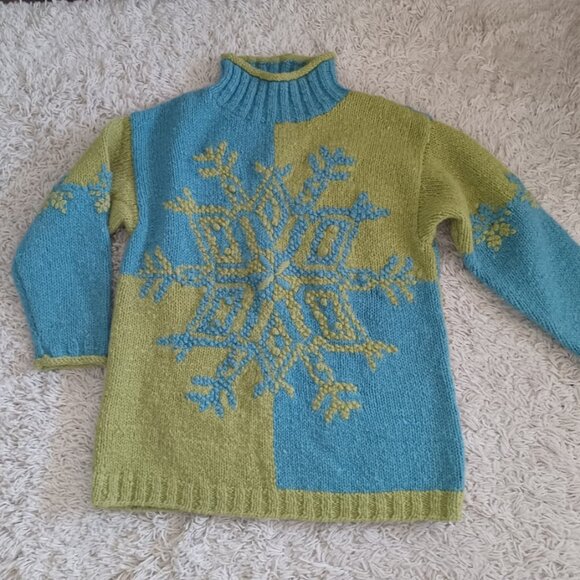 VTG 90's Express Tricot 100% Wool Snowflake Sweater Women’s M Colorblock Chunky - Picture 5 of 8